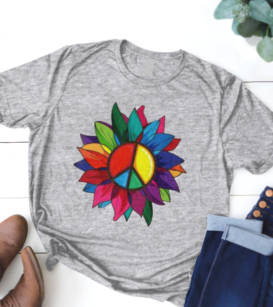Hippie Rainbow Peace Sign Colorful Flower T-Shirt