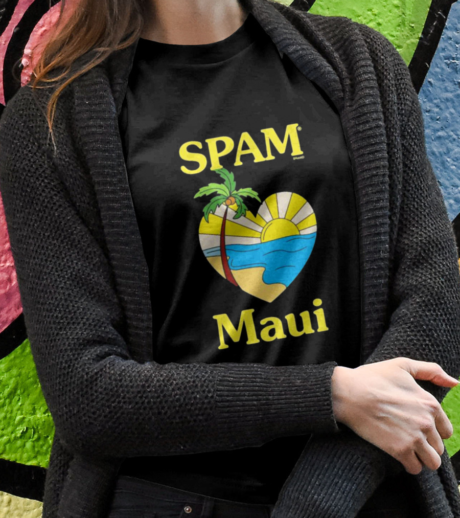 SPAM Brand Maui Heart Beach Sunset And Palm Tree T-Shirt
