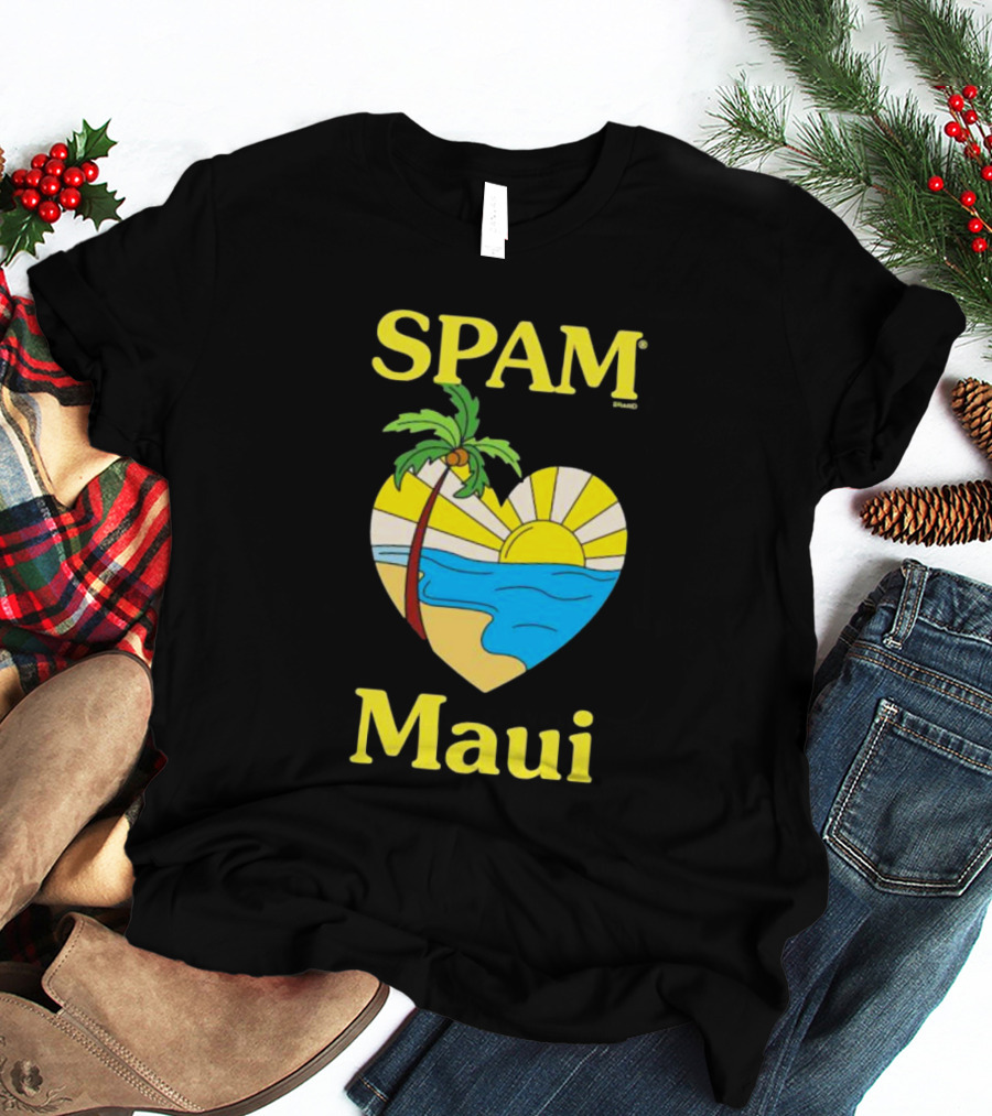 SPAM Brand Maui Heart Beach Sunset And Palm Tree T-Shirt
