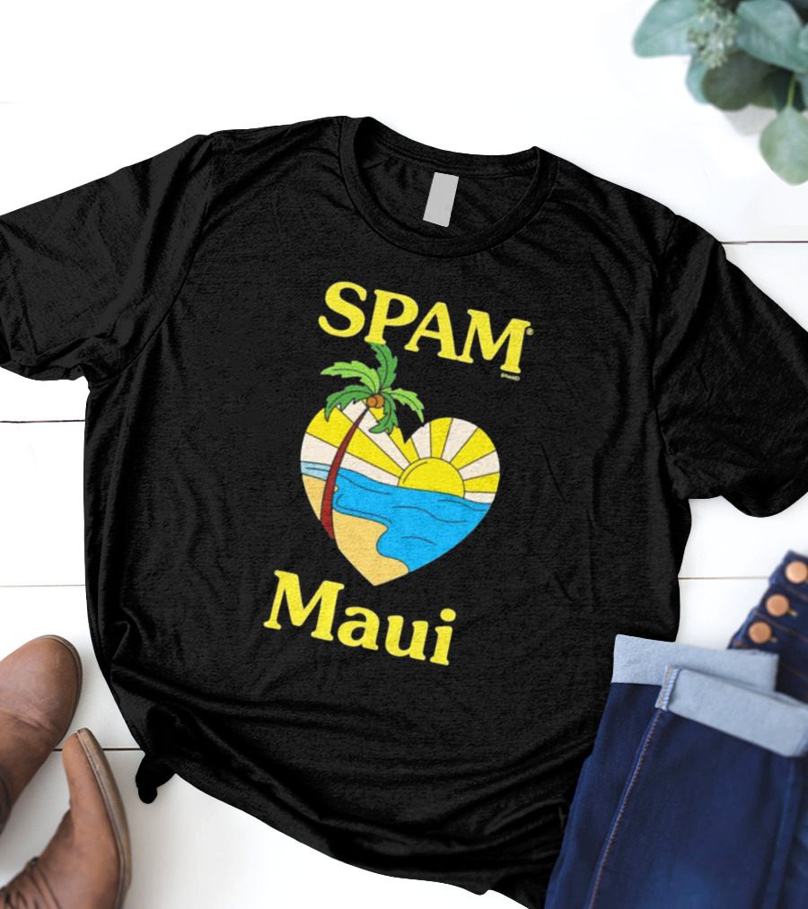 SPAM Brand Maui Heart Beach Sunset And Palm Tree T-Shirt