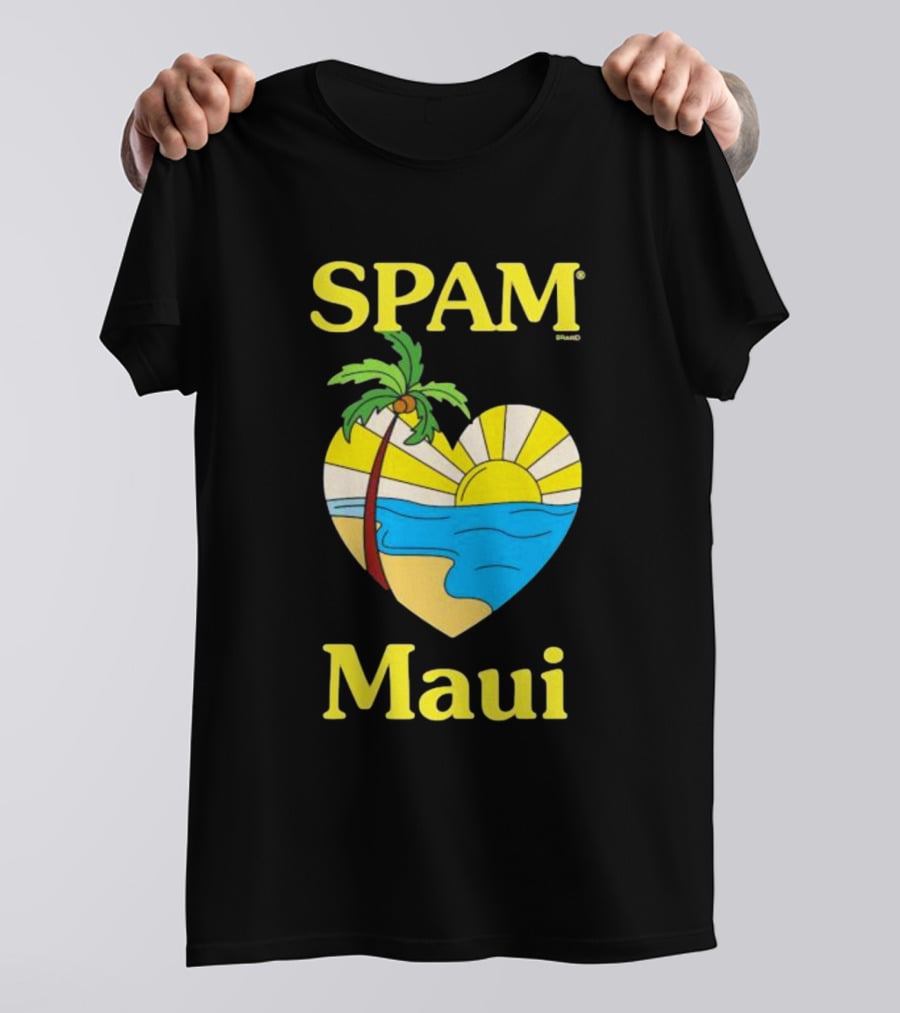 SPAM Brand Maui Heart Beach Sunset And Palm Tree T-Shirt