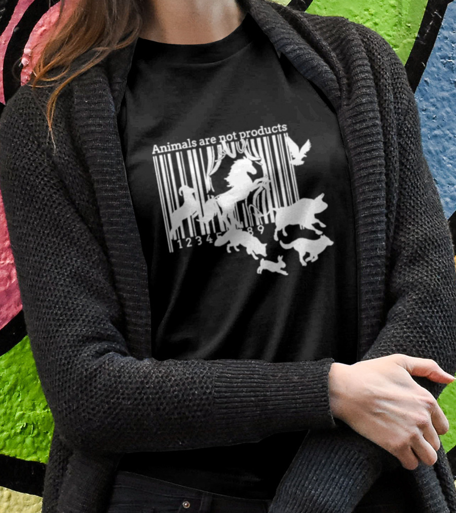 Veganactivism Animals Are Not Products Barcode Silhouette Horse Bird Cow Pig Rabbit 123489 T-Shirt