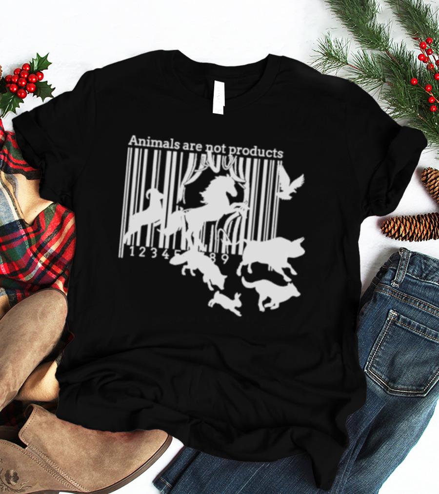 Veganactivism Animals Are Not Products Barcode Silhouette Horse Bird Cow Pig Rabbit 123489 T-Shirt