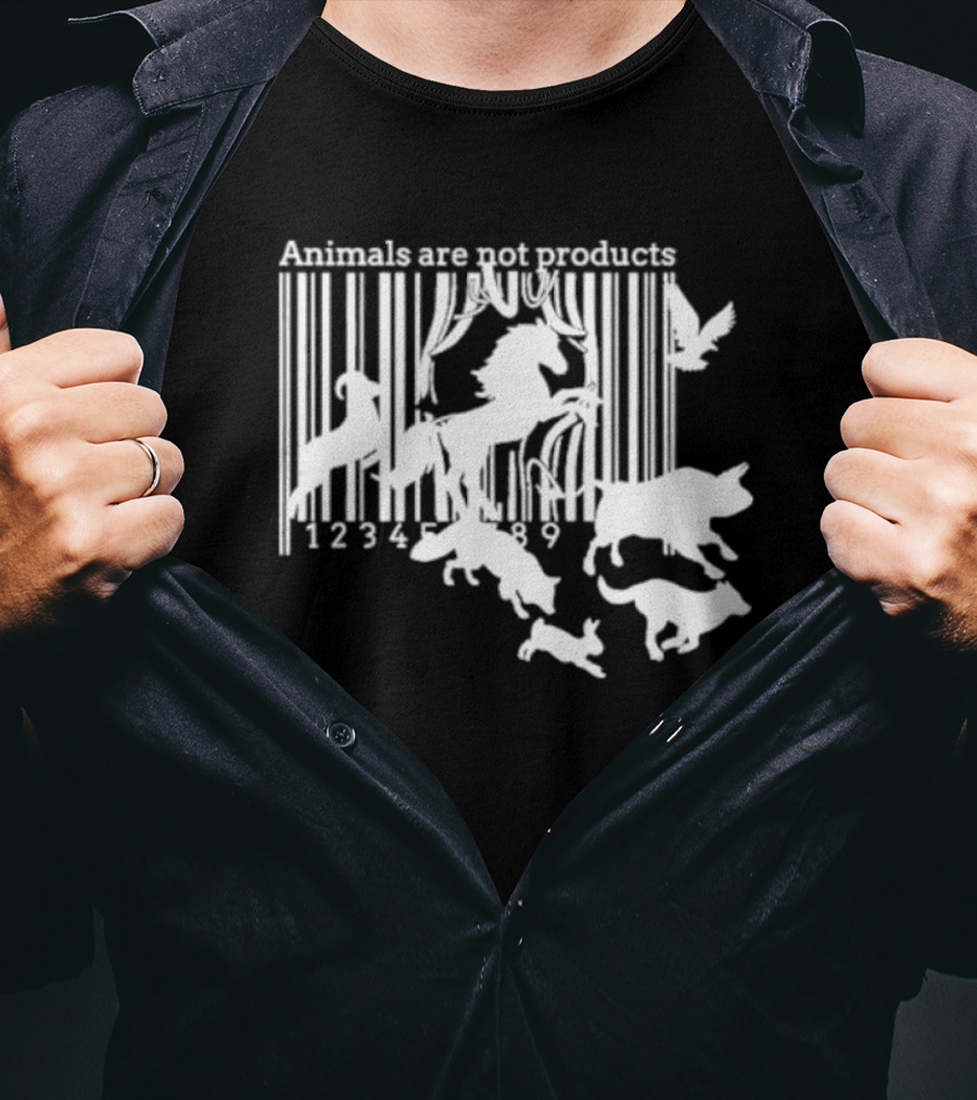 Veganactivism Animals Are Not Products Barcode Silhouette Horse Bird Cow Pig Rabbit 123489 T-Shirt
