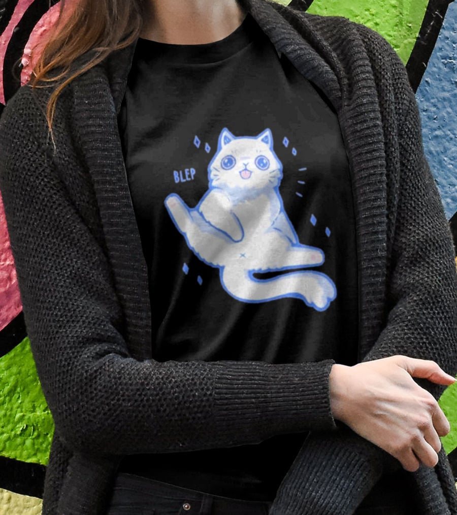 Xmorfina Blep Cute Cat With Tongue Out In Blue And White Cartoon T-Shirt