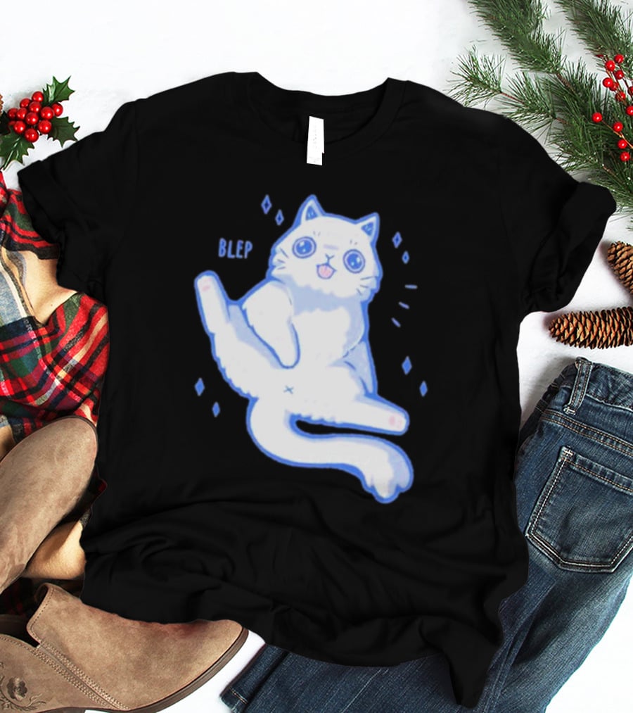 Xmorfina Blep Cute Cat With Tongue Out In Blue And White Cartoon T-Shirt