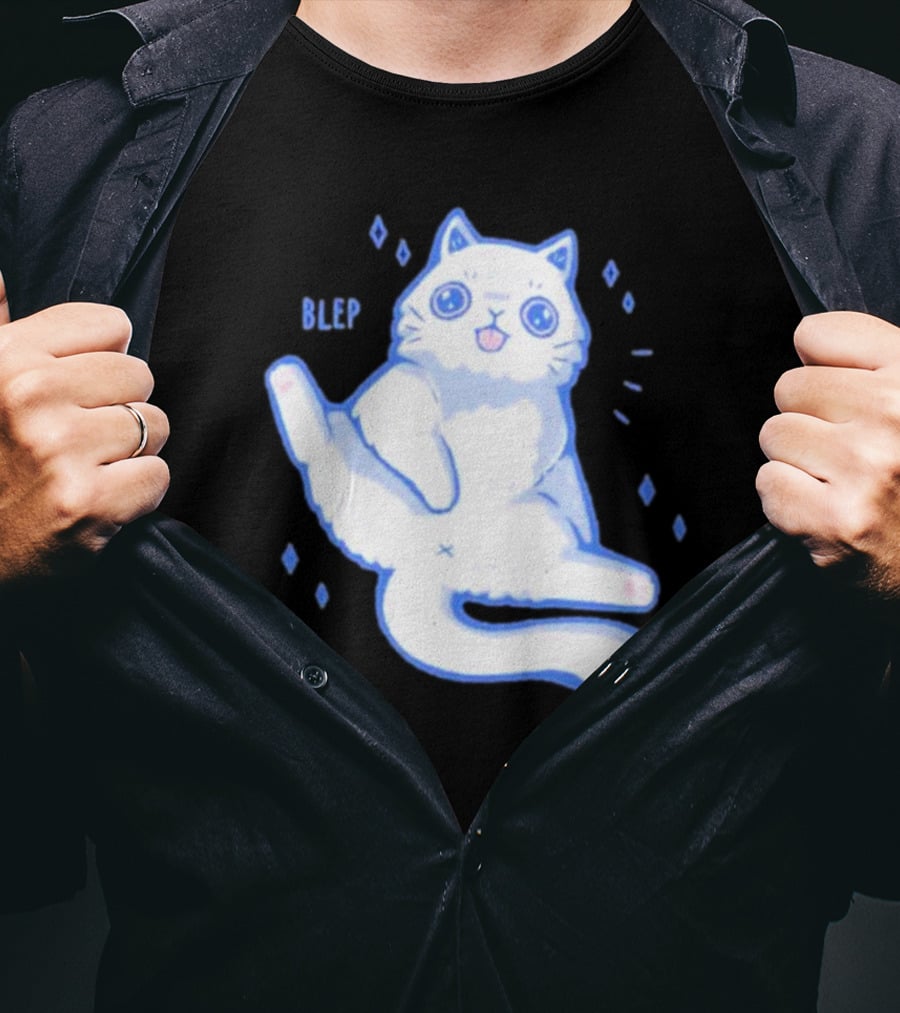 Xmorfina Blep Cute Cat With Tongue Out In Blue And White Cartoon T-Shirt