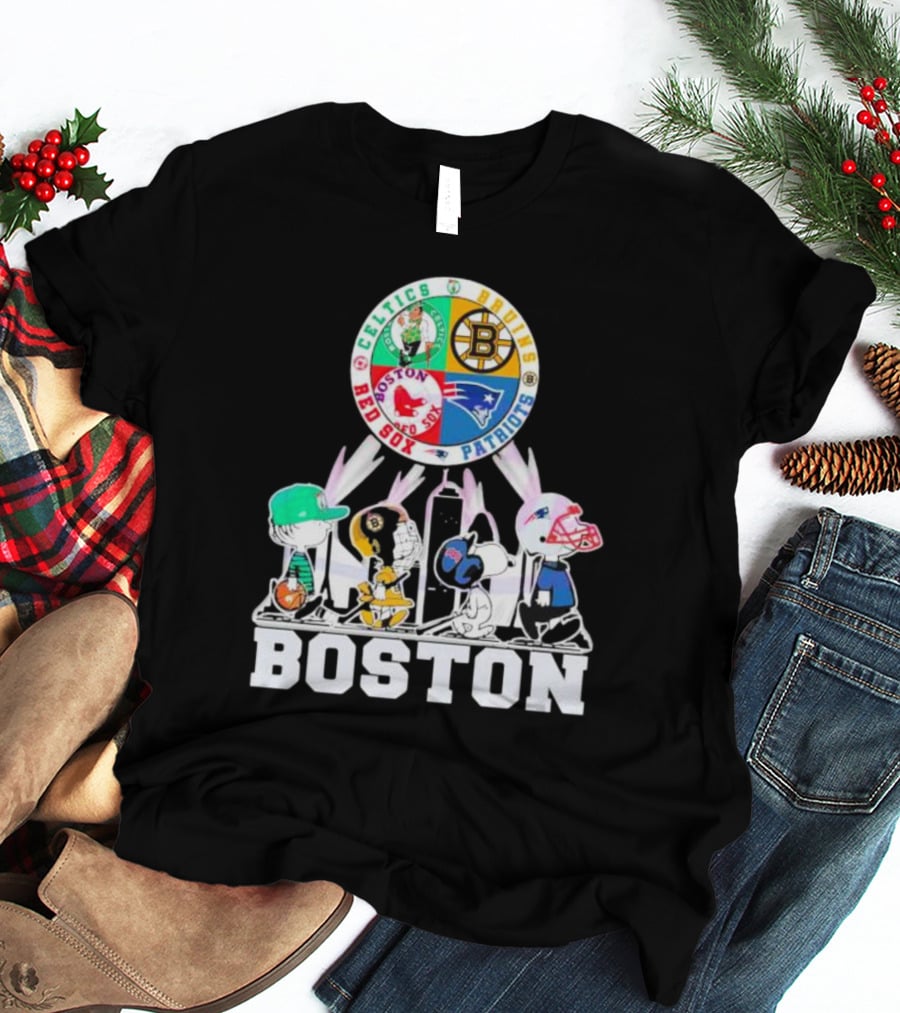 Boston Celtics Bruins Red Sox Patriots Peanuts Characters T-Shirt