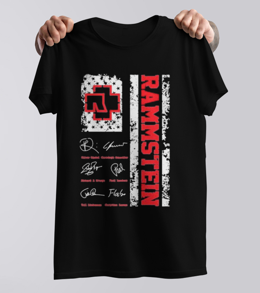 Rammstein Logo With Band Member Signatures And Cross T-Shirt
