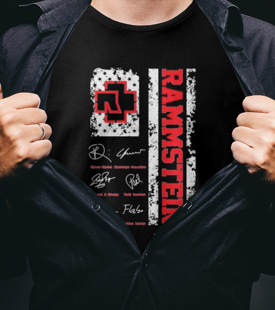 Rammstein Logo With Band Member Signatures And Cross T-Shirt