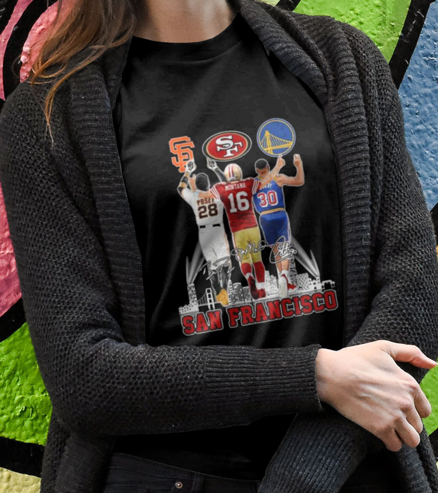 San Francisco Giants 49ers Warriors Buster Posey Joe Montana Stephen Curry Signatures T-Shirt
