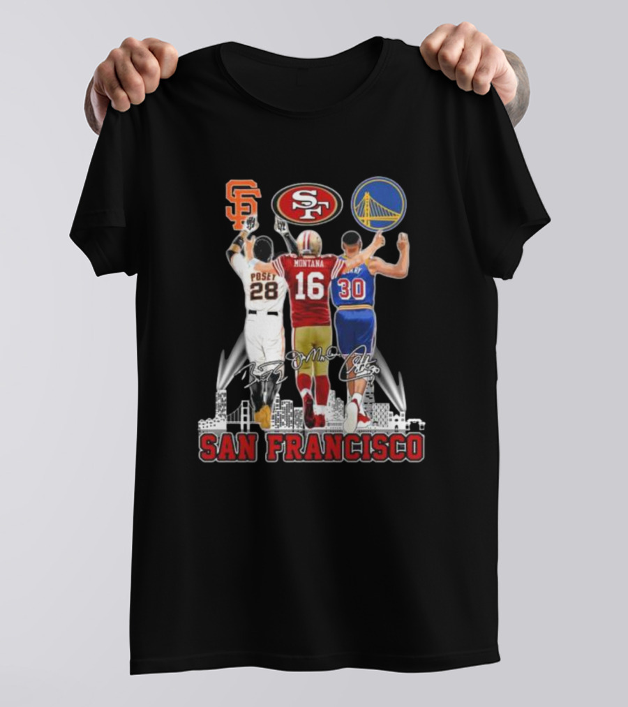 San Francisco Giants 49ers Warriors Buster Posey Joe Montana Stephen Curry Signatures T-Shirt