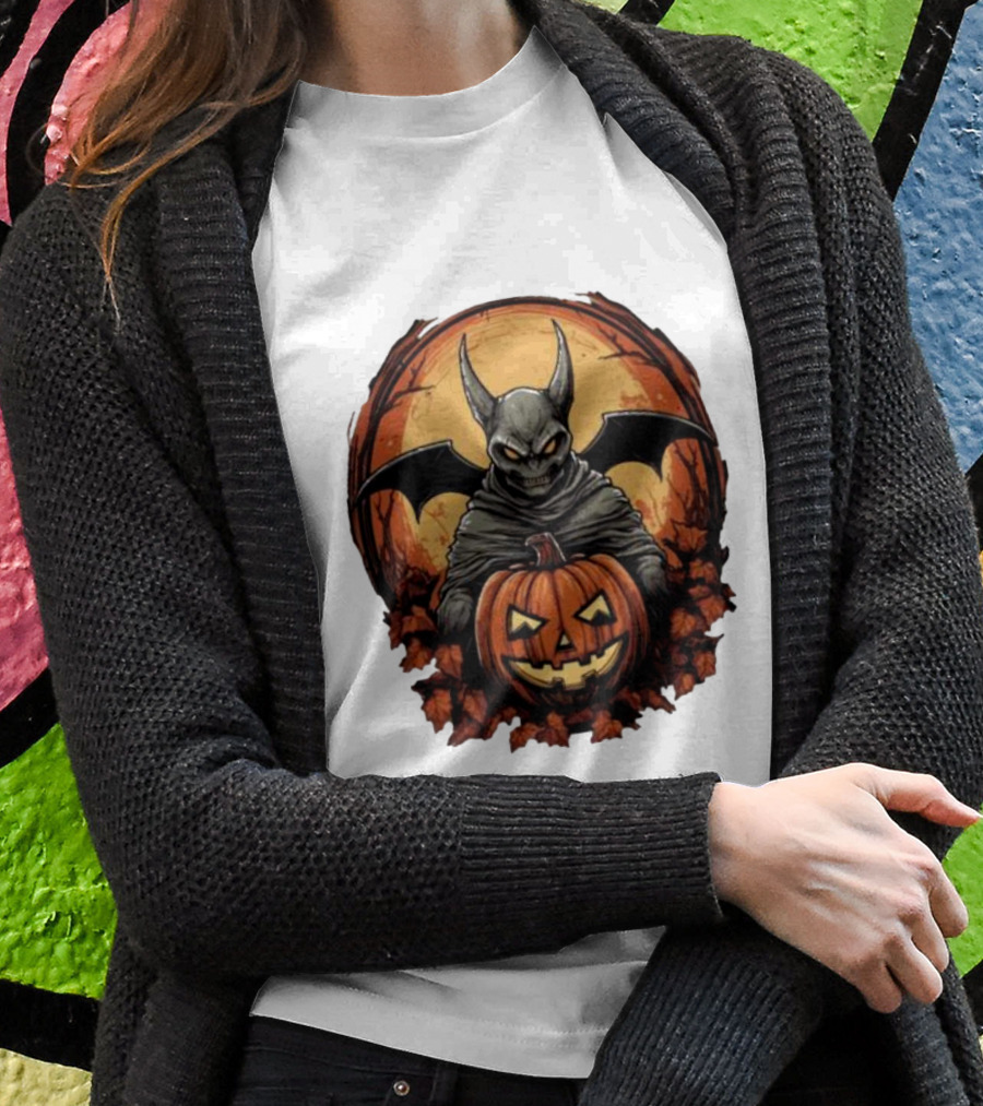 Bat Devil Pumpkin Halloween Moon Shadows T-Shirt