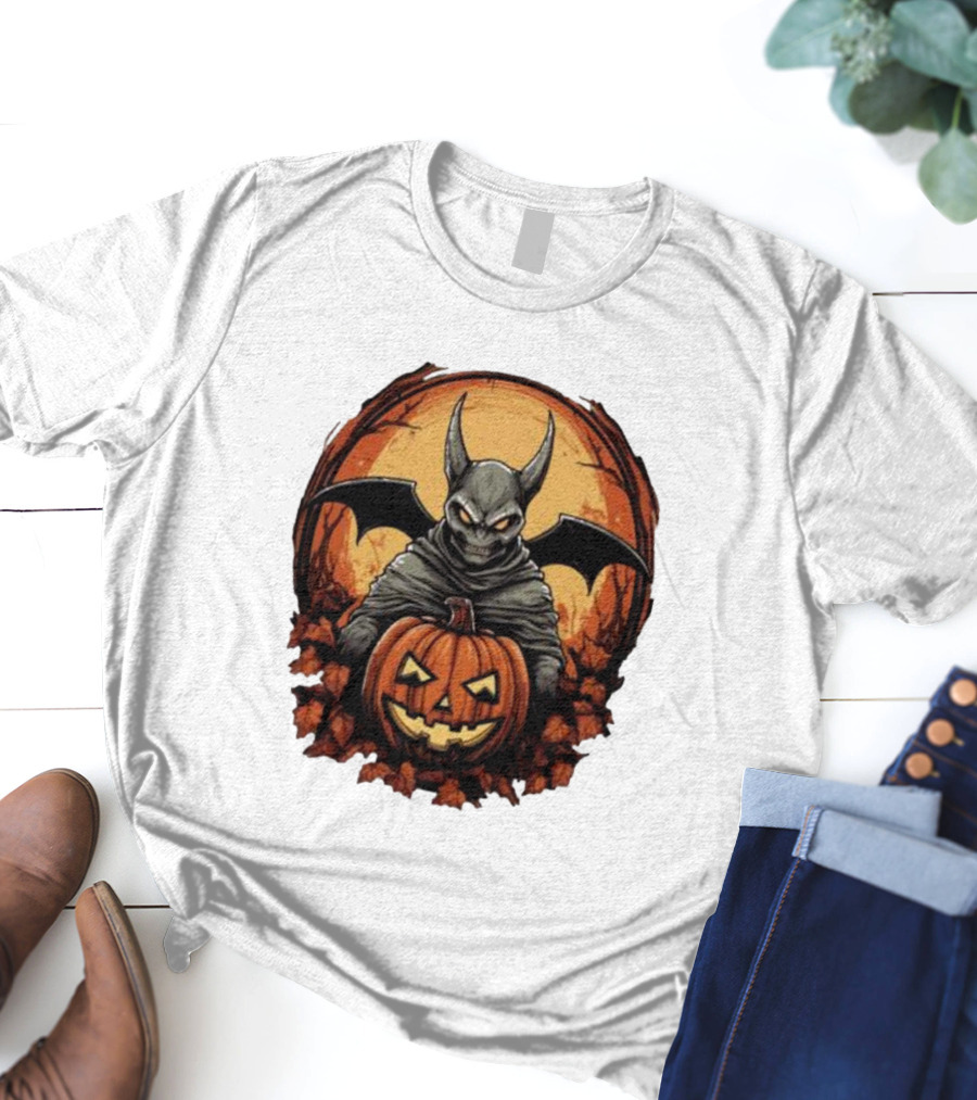 Bat Devil Pumpkin Halloween Moon Shadows T-Shirt