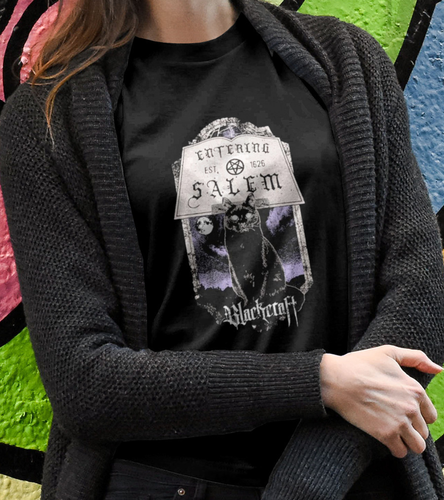 Blackcraft Cult Entering Salem Est. 1626 Black Cat And Crescent Moon Scene T-Shirt