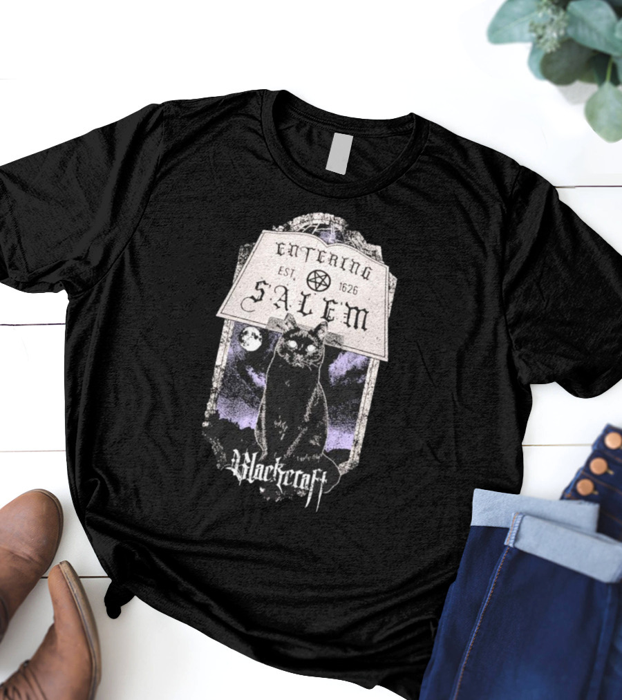 Blackcraft Cult Entering Salem Est. 1626 Black Cat And Crescent Moon Scene T-Shirt