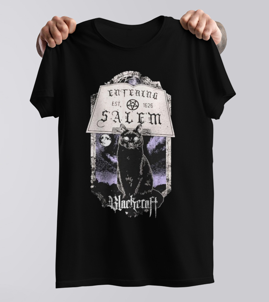 Blackcraft Cult Entering Salem Est. 1626 Black Cat And Crescent Moon Scene T-Shirt