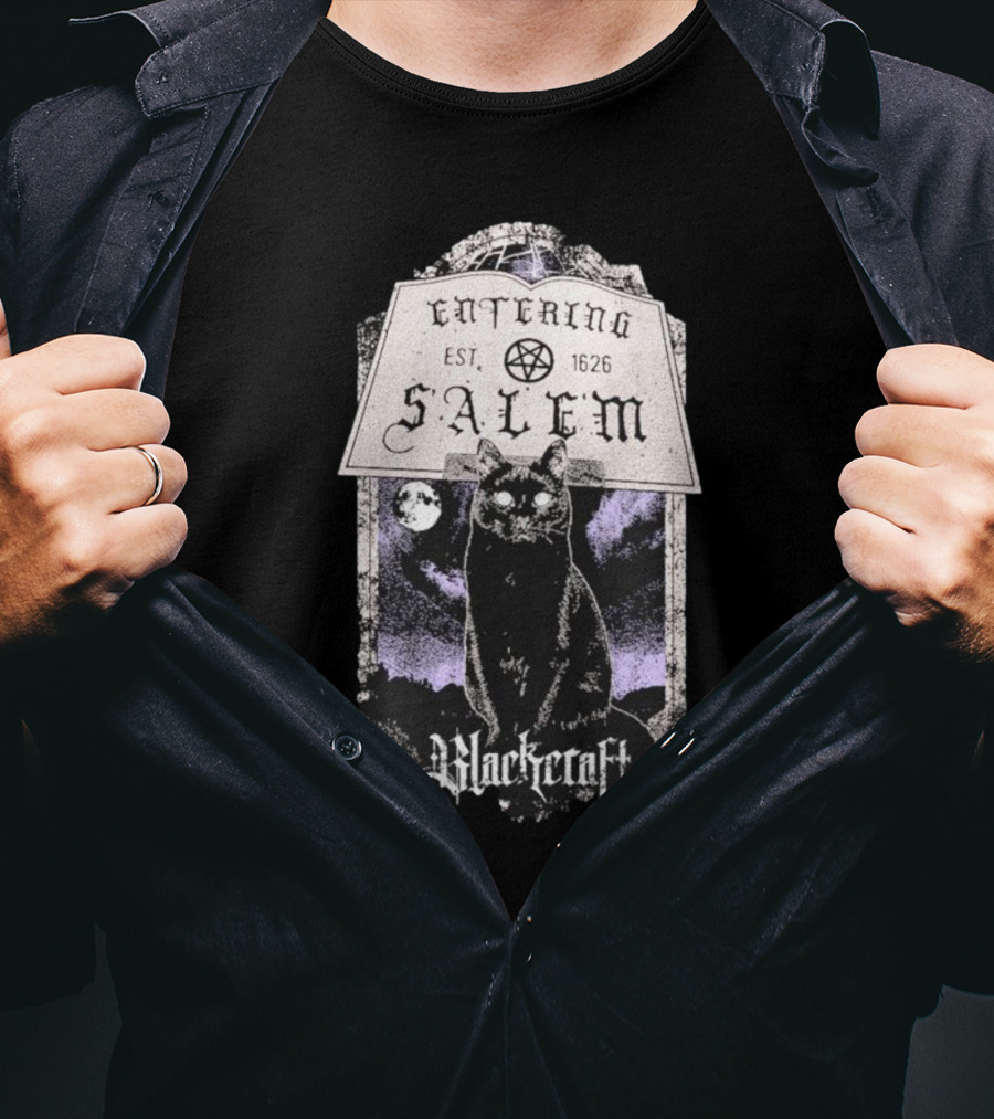 Blackcraft Cult Entering Salem Est. 1626 Black Cat And Crescent Moon Scene T-Shirt