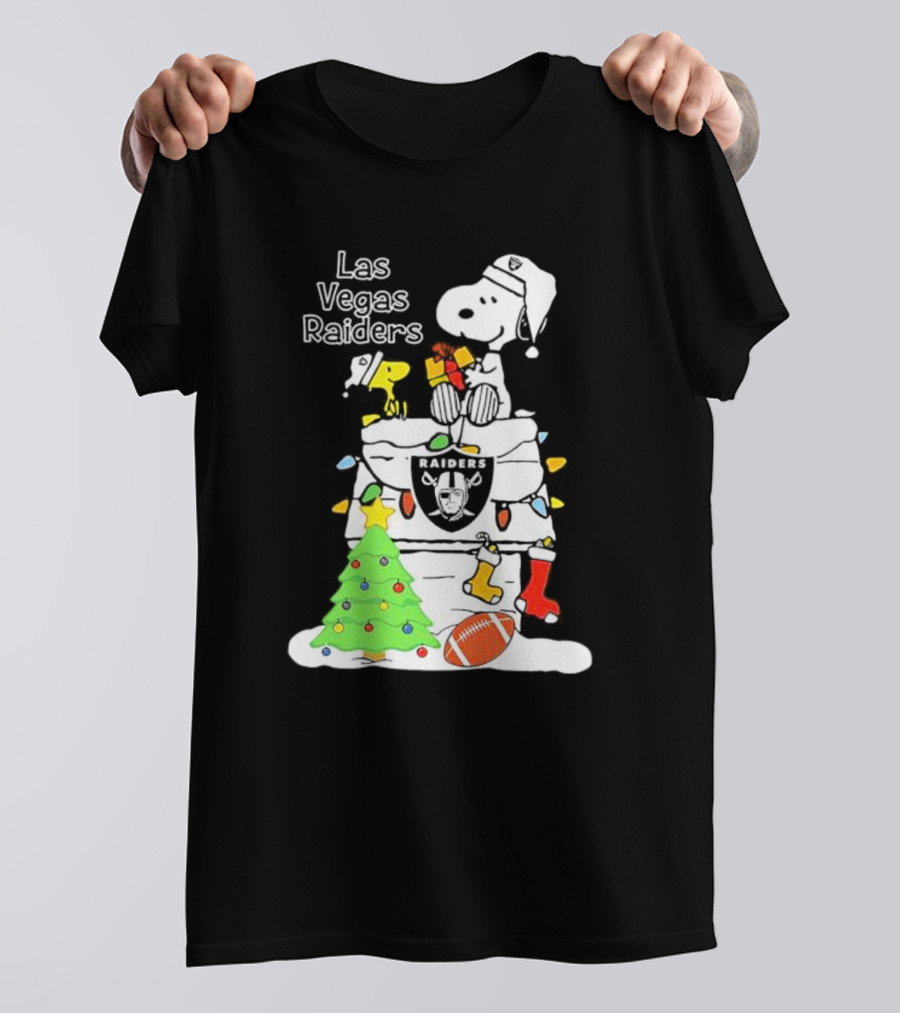 Las Vegas Raiders NFL Christmas Snoopy And Woodstock With Tree And Football T-Shirt