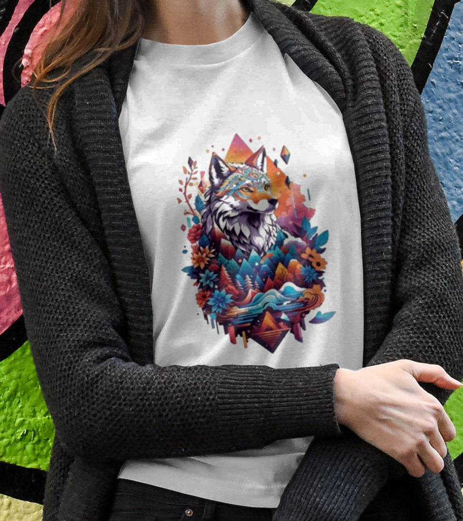 Colorful Geometric Wolf With Mountains And Flowers T-Shirt