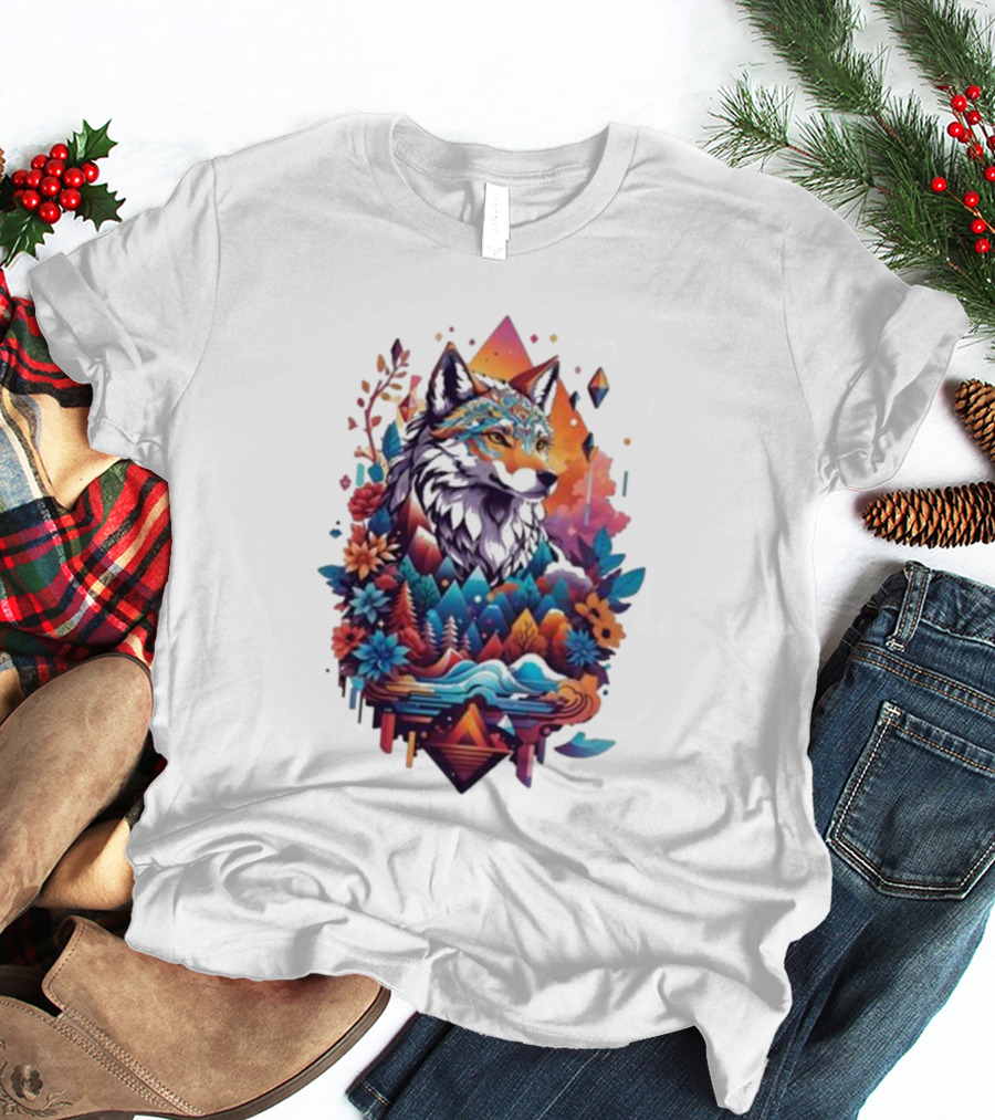 Colorful Geometric Wolf With Mountains And Flowers T-Shirt