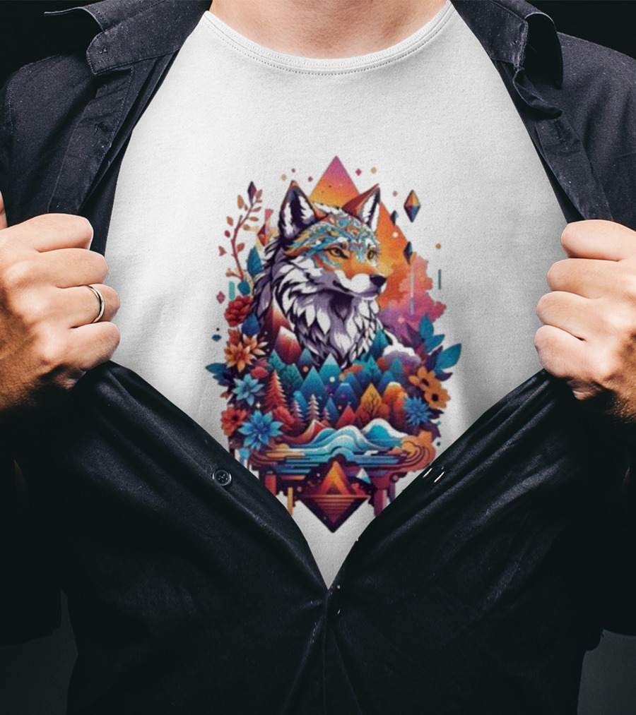 Colorful Geometric Wolf With Mountains And Flowers T-Shirt
