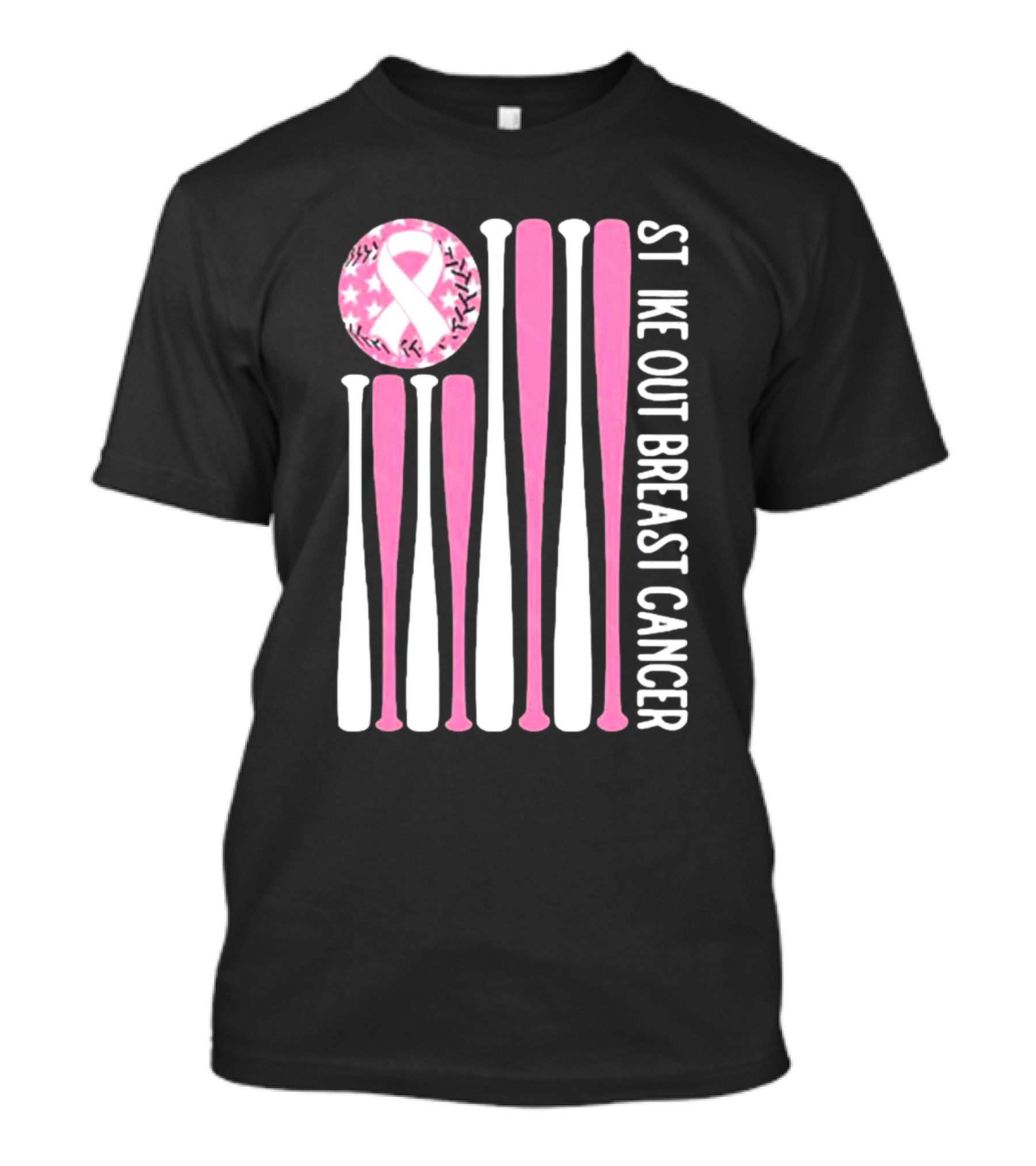 Strike Out Breast Cancer Baseball Pink Ribbon American Flag T-Shirt