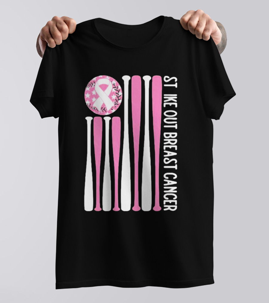 Strike Out Breast Cancer Baseball Pink Ribbon American Flag T-Shirt