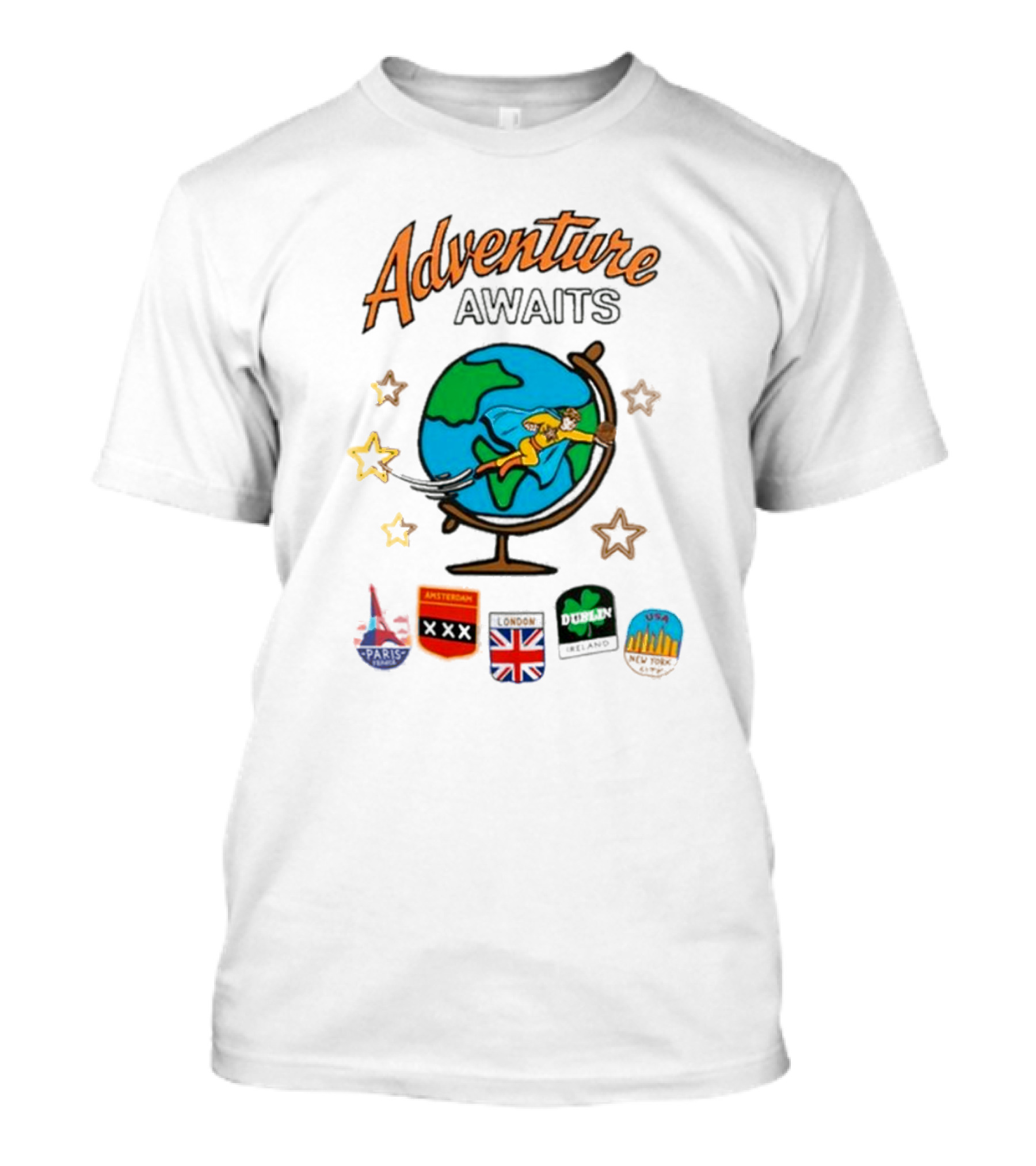 Adventure Awaits One Cent Travel Club Globe Paris Amsterdam London USA Icons T-Shirt