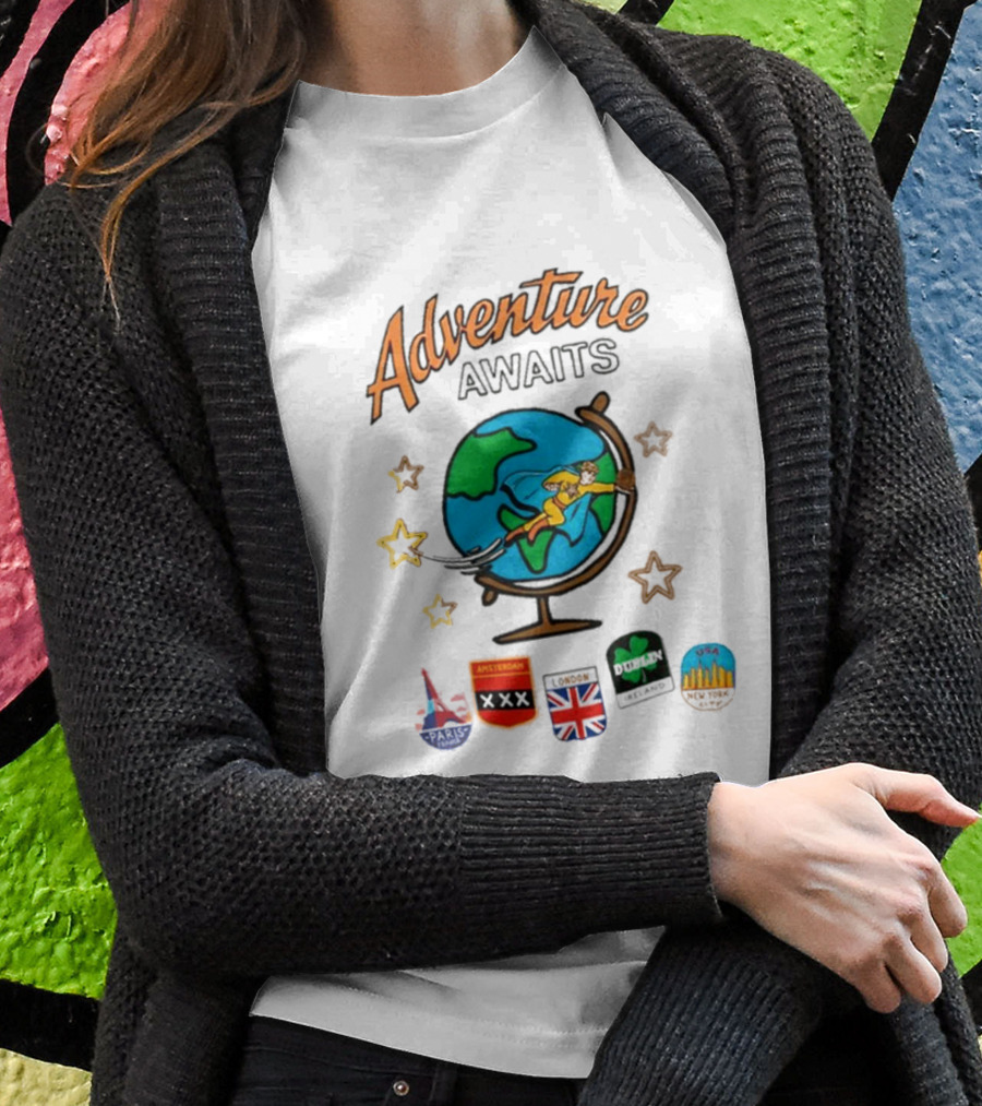 Adventure Awaits One Cent Travel Club Globe Paris Amsterdam London USA Icons T-Shirt