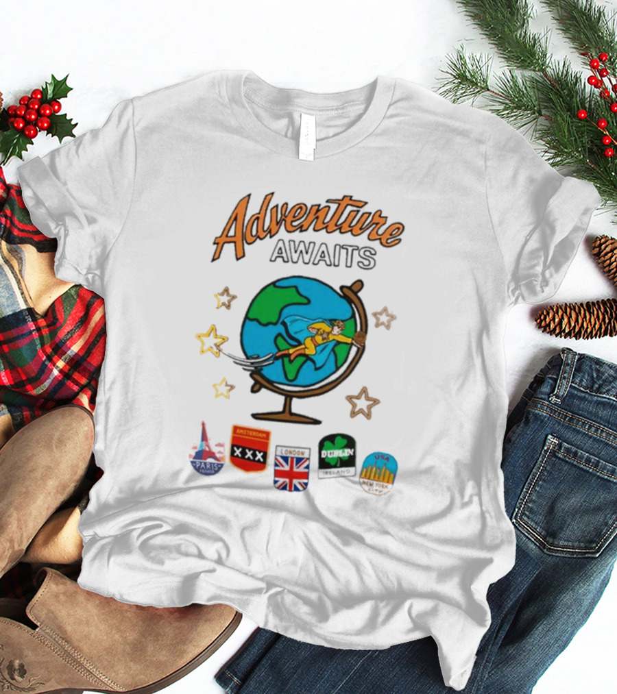 Adventure Awaits One Cent Travel Club Globe Paris Amsterdam London USA Icons T-Shirt