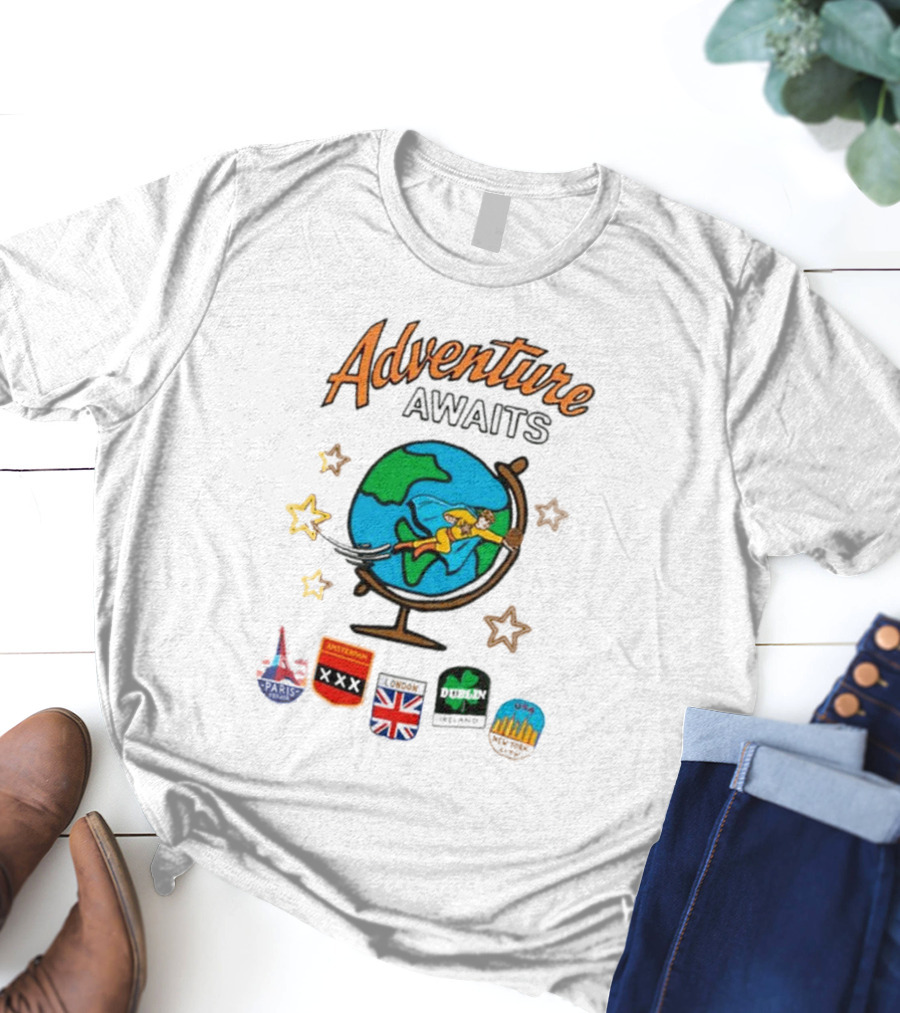 Adventure Awaits One Cent Travel Club Globe Paris Amsterdam London USA Icons T-Shirt