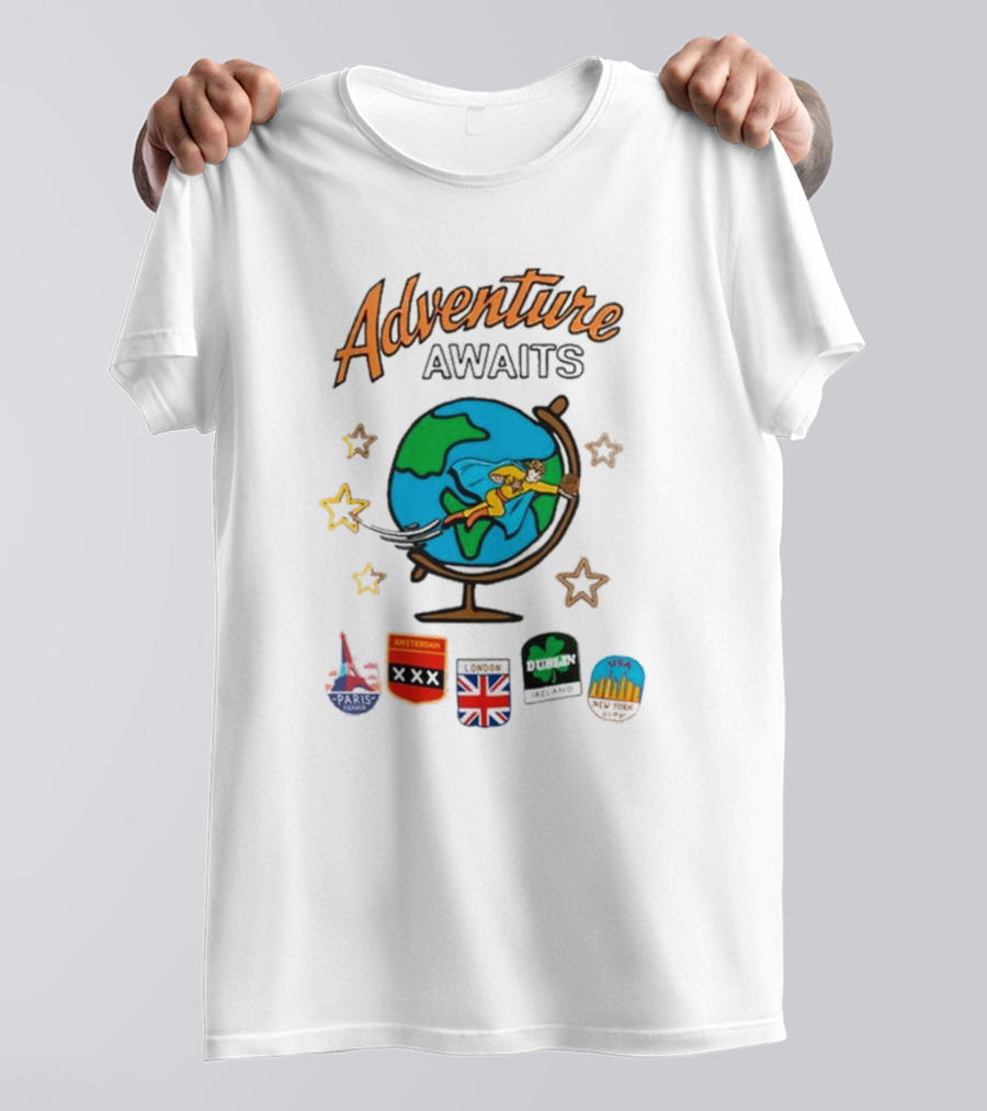 Adventure Awaits One Cent Travel Club Globe Paris Amsterdam London USA Icons T-Shirt