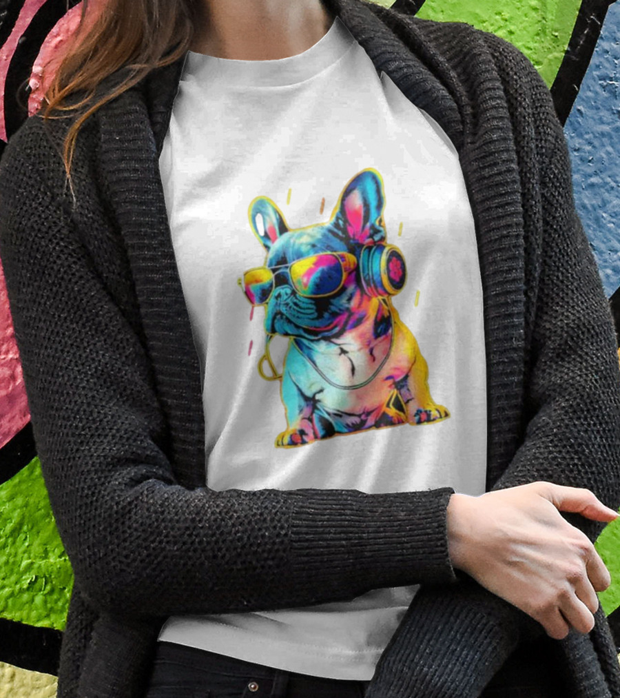 Bulldog Neon Headphones Vibrant Colors T-Shirt