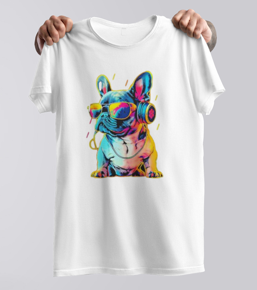 Bulldog Neon Headphones Vibrant Colors T-Shirt