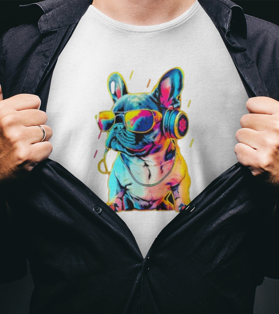 Bulldog Neon Headphones Vibrant Colors T-Shirt