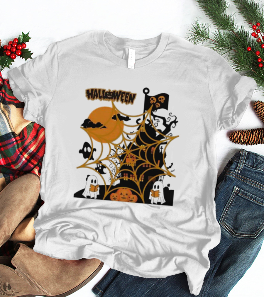 Halloween Spider Web Castle Moon Ghosts Pumpkins T-Shirt