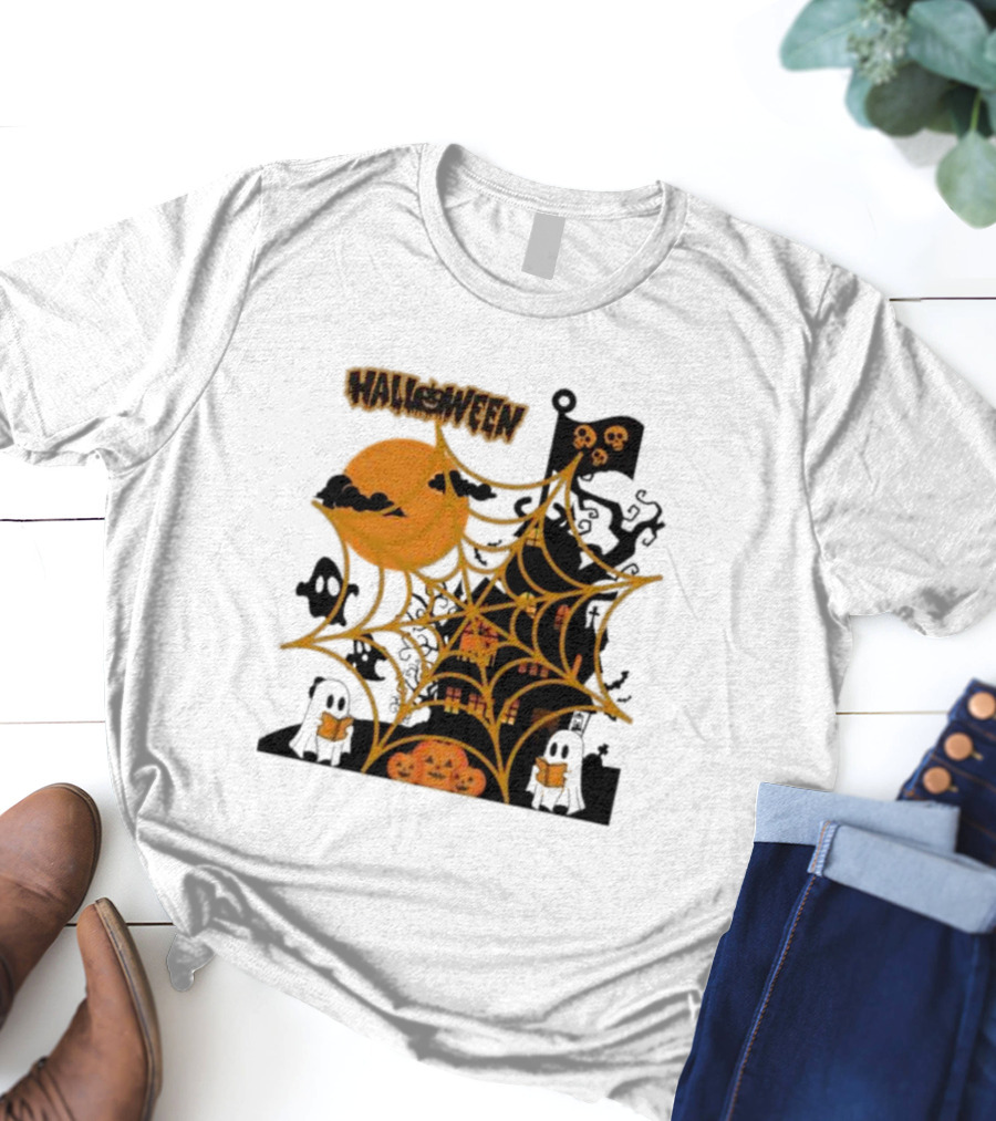 Halloween Spider Web Castle Moon Ghosts Pumpkins T-Shirt