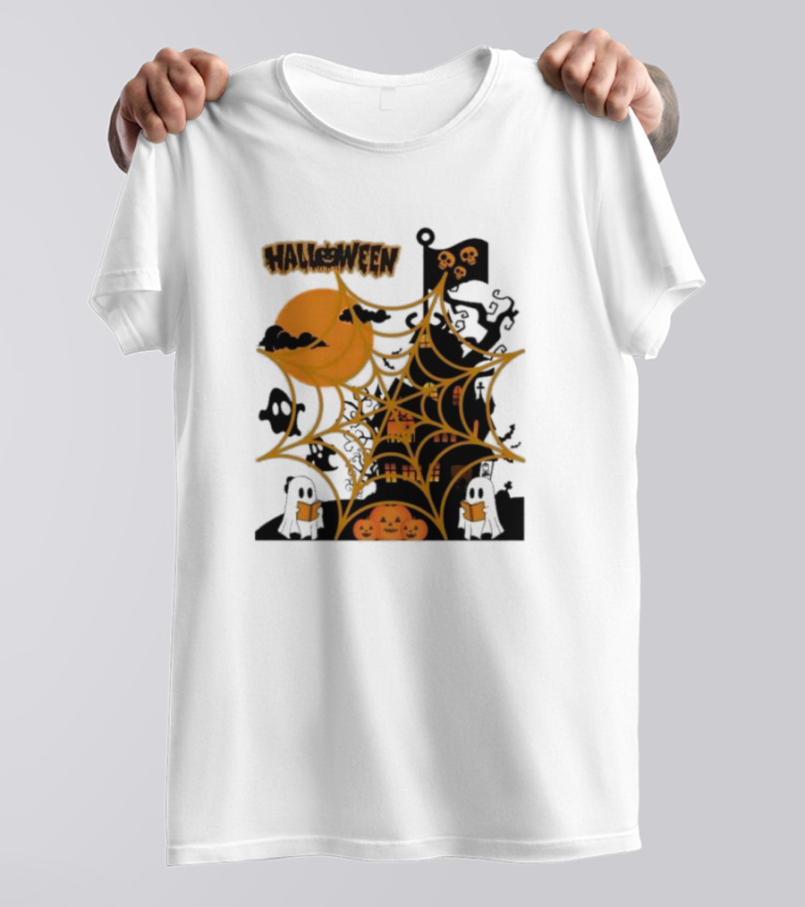 Halloween Spider Web Castle Moon Ghosts Pumpkins T-Shirt