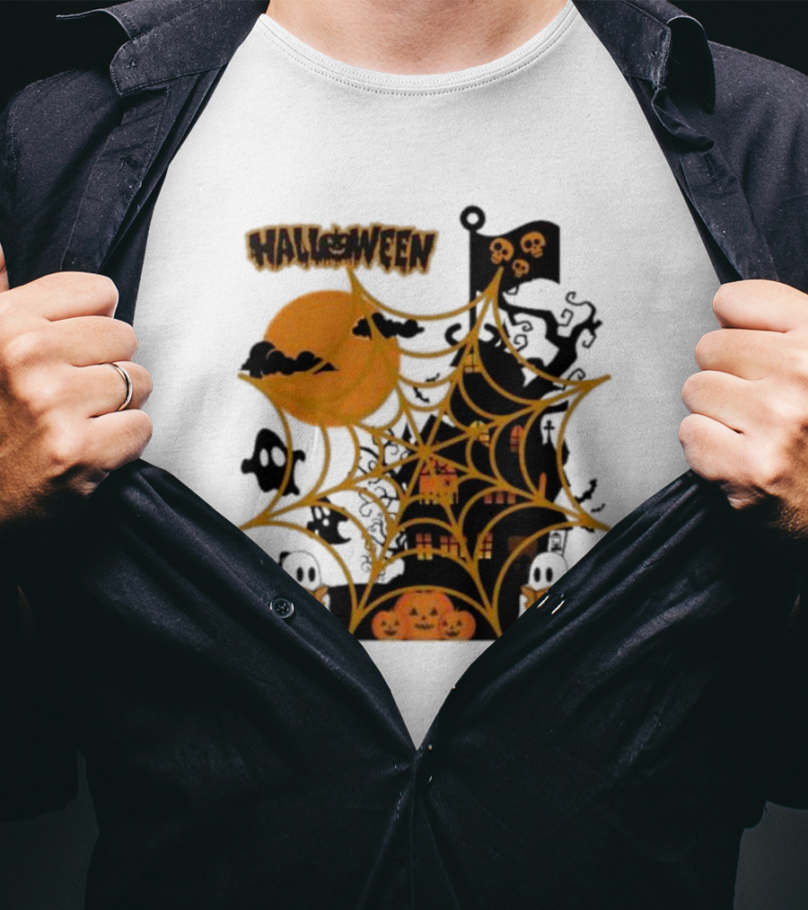 Halloween Spider Web Castle Moon Ghosts Pumpkins T-Shirt