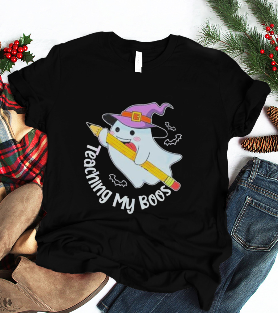 Teaching My Boos Halloween Ghost Funny Teacher Witch Hat Bat Pencil T-Shirt