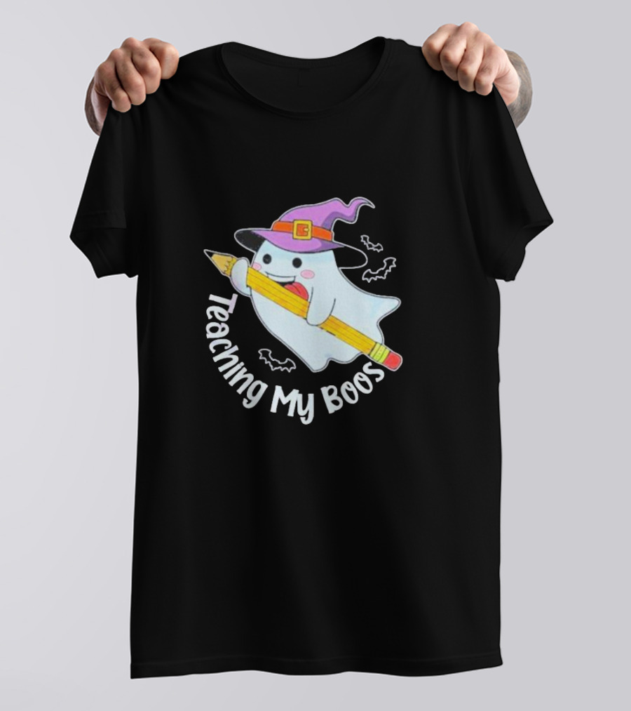 Teaching My Boos Halloween Ghost Funny Teacher Witch Hat Bat Pencil T-Shirt