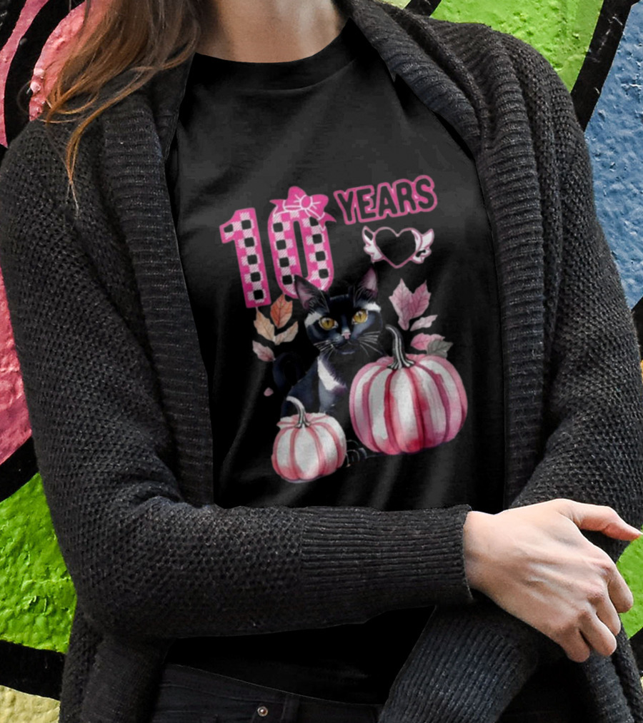 10 Years Black Cat Pink Pumpkin Birthday T-Shirt
