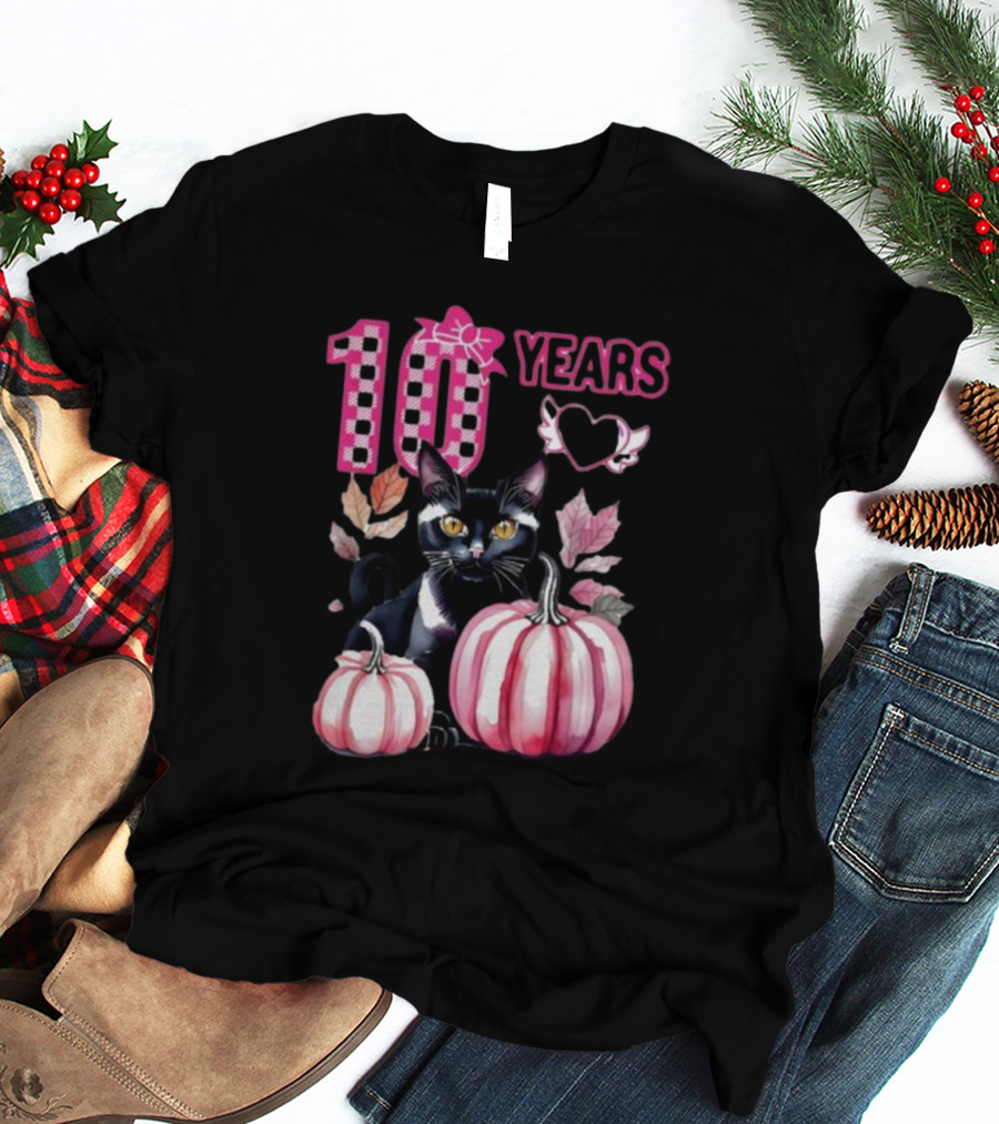 10 Years Black Cat Pink Pumpkin Birthday T-Shirt