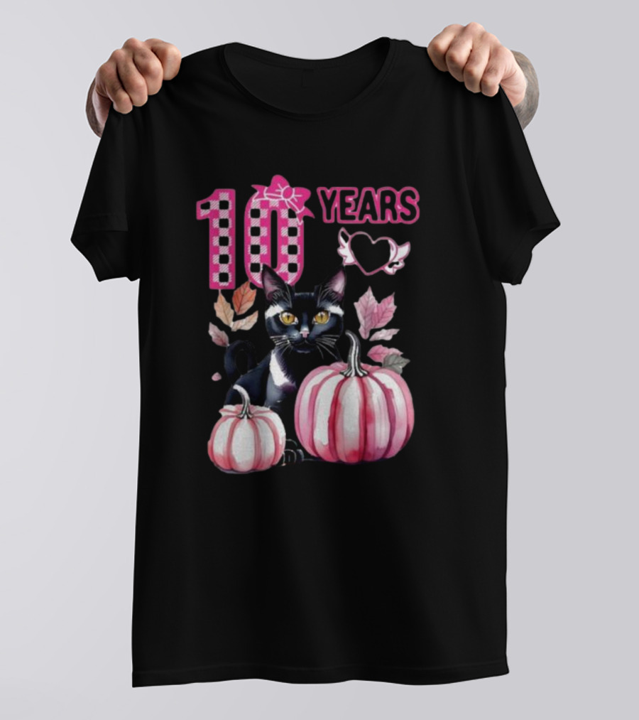 10 Years Black Cat Pink Pumpkin Birthday T-Shirt