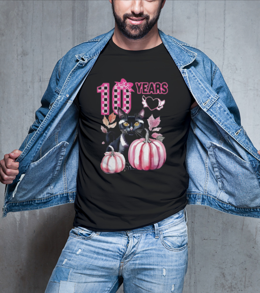 10 Years Black Cat Pink Pumpkin Birthday T-Shirt