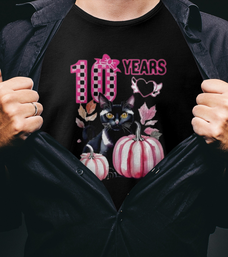 10 Years Black Cat Pink Pumpkin Birthday T-Shirt