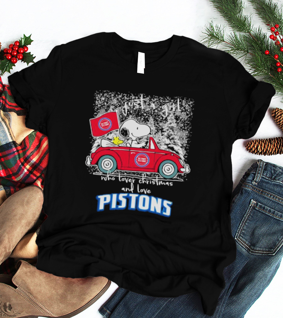 Snoopy And Woodstock Just A Girl Who Loves Christmas And Detroit Pistons T-Shirt