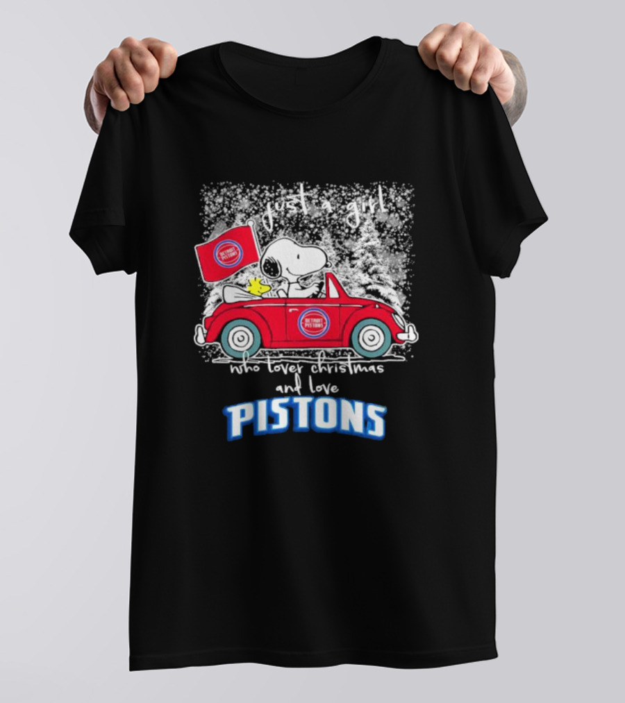 Snoopy And Woodstock Just A Girl Who Loves Christmas And Detroit Pistons T-Shirt
