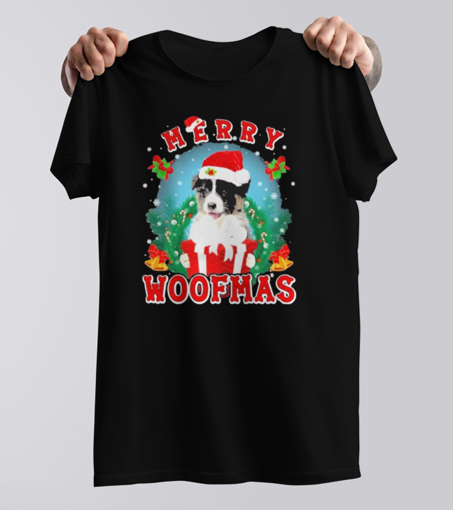 Merry Woofmas Australian Shepherd Dog In Santa Hat With Christmas Gift T-Shirt